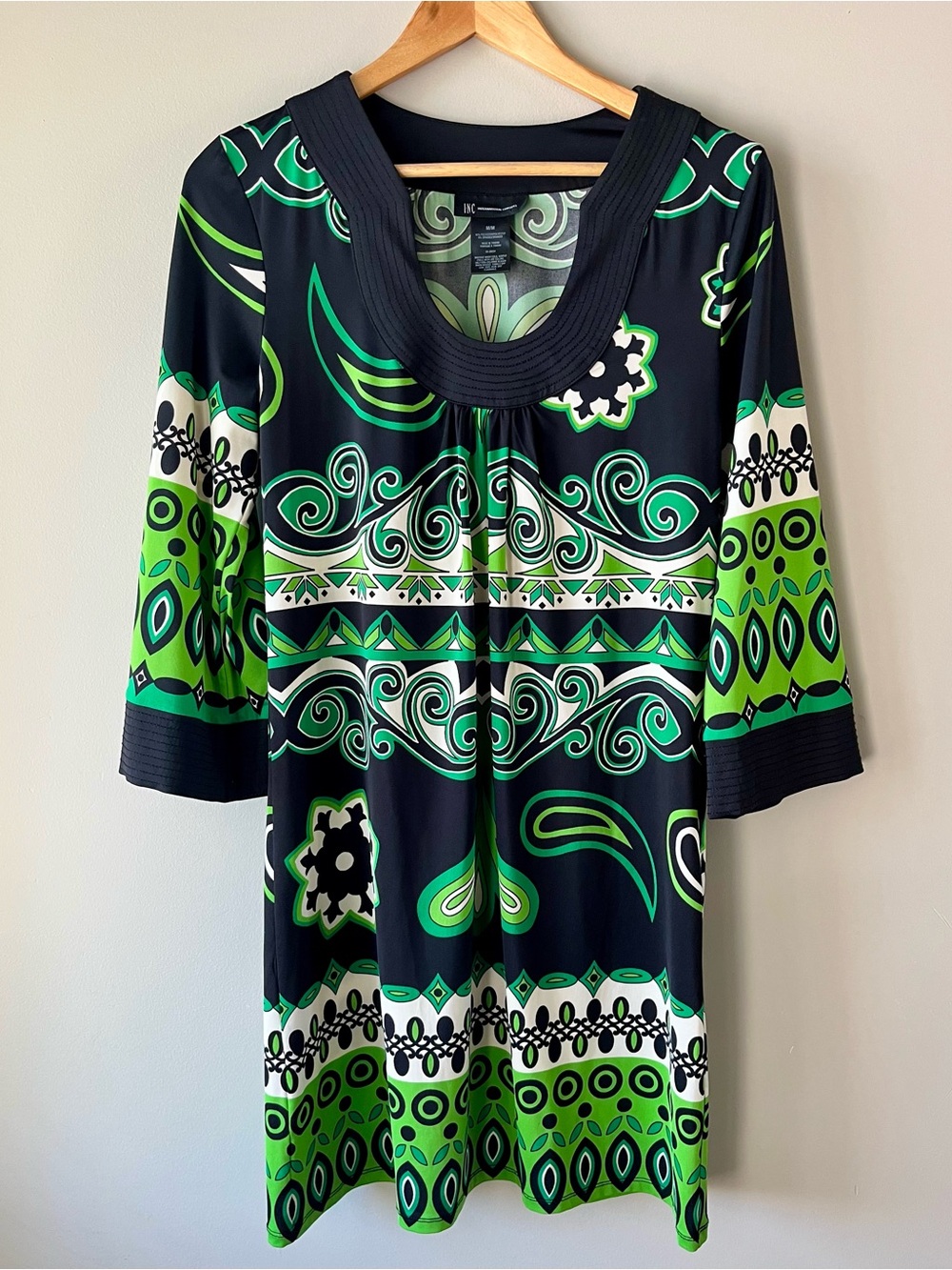 I.N.C. Green & Black 70's Style Shift Tunic Dress Size Medium Knee Length Retro